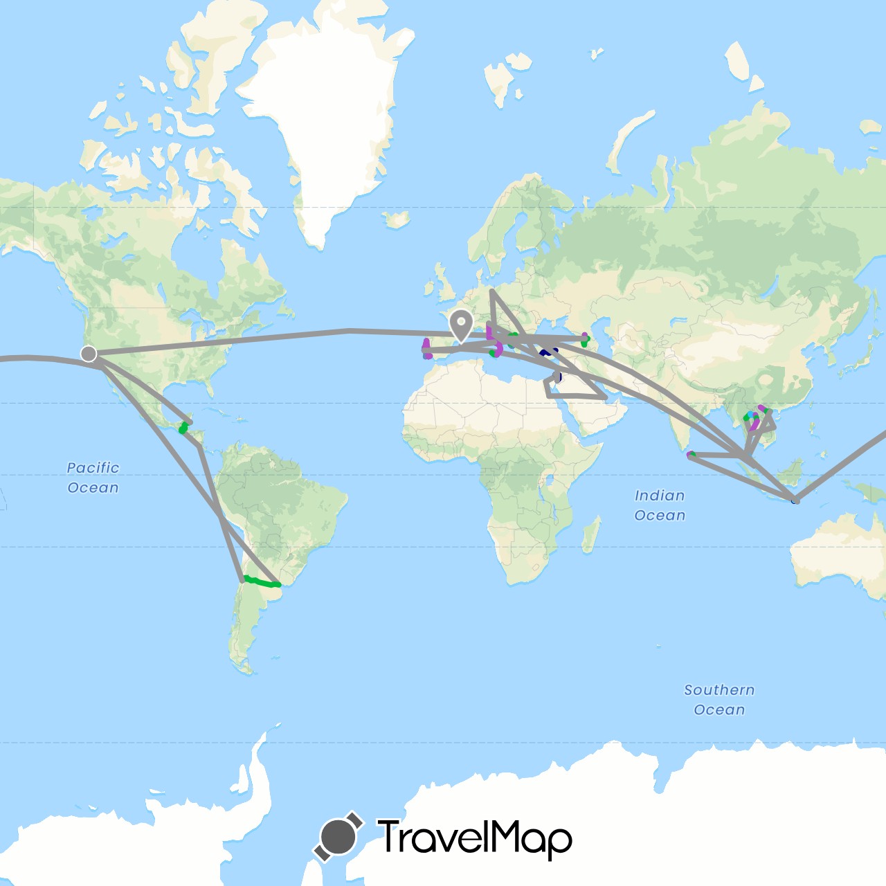 TravelMap itinerary: driving, bus, plane, cycling, train, hiking, boat, tuk tuk in Albania, Armenia, Argentina, Belize, Chile, Costa Rica, Germany, Egypt, Spain, Georgia, Guatemala, Indonesia, Israel, Italy, Jordan, Laos, Lebanon, Sri Lanka, Macedonia, Malaysia, Portugal, Qatar, Thailand, Turkey, United States, Vietnam, Kosovo (Africa, Asia, Europe, North America, South America)